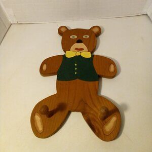 Vintage Handmade Hand Painted Teddy Bear Wood Wall Hanging Peg Hook Coat Rack